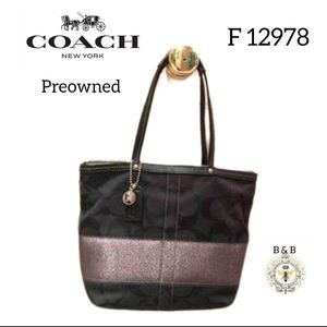 COACH AUTHENTIC TOTE SHOULDER BAG  F12978 BLACK SIGNATURE CANVAS PREOWNED